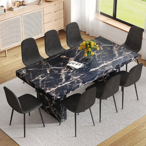 English Elm Table and Chair Set Seats Eight with Marble Pattern Mdf Top Brown Fabric Dining W1151S04133