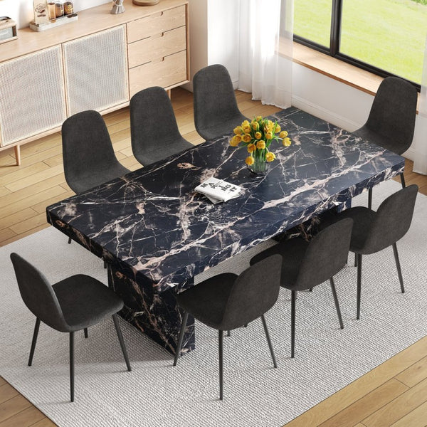 English Elm Table and Chair Set Seats Eight with Marble Pattern Mdf Top Brown Fabric Dining W1151S04133
