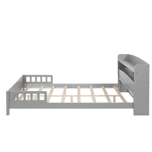 English Elm Full Pine Wood Bed with Bookcase Headboard and LED Motion Sensor Light, Guardrails & Storage Space Grey W504P277598