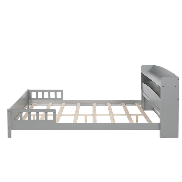 English Elm Full Pine Wood Bed with Bookcase Headboard and LED Motion Sensor Light, Guardrails & Storage Space Grey W504P277598