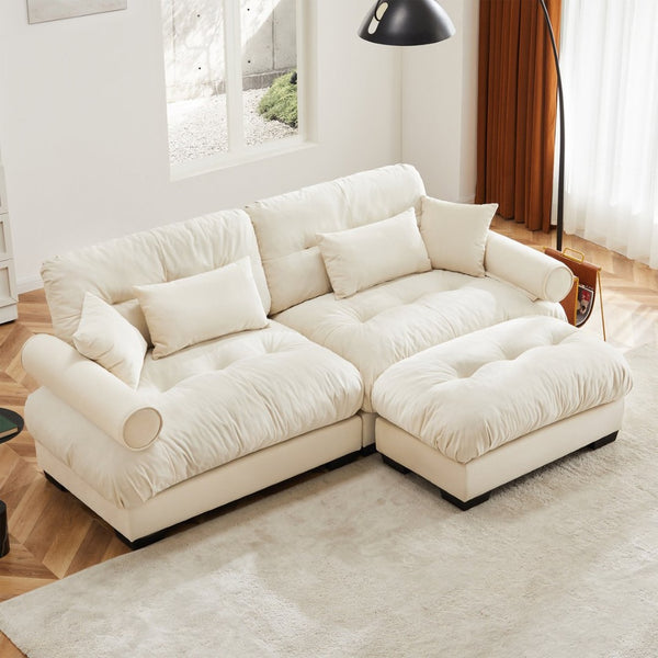 English Elm Over Size Modern Two-Seater Sofa With Ottoman - Luxurious Velvet, Bolster Armrests, Cream Comfort W714S01069-GIGA