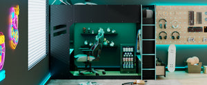 English Elm Full Size Loft Bed with Rgb Lighting Desk Drawers Hanging Rod Teen Bedroom Blue LT000288AAC-1