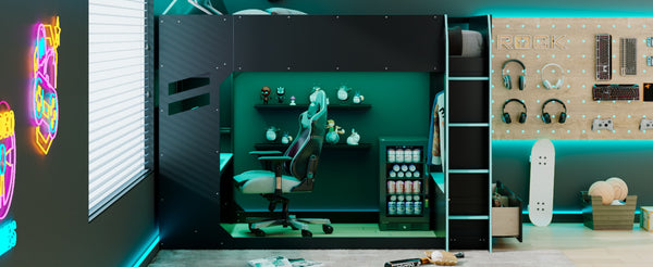 English Elm Full Size Loft Bed with Rgb Lighting Desk Drawers Hanging Rod Teen Bedroom Blue LT000288AAC-1