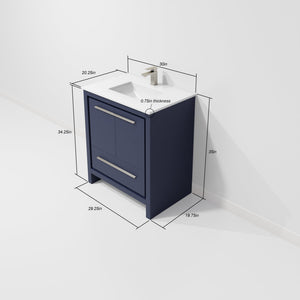 English Elm Navy 30" Bath Vanity with White Quartz Top, Soft-Close Drawer, Mirror, Ample Storage, Durable Finish B2731S01479