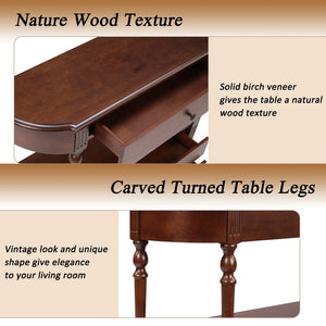 English Elm Retro Curved Wood Console Table with 3 Drawers, Mid-Century Entry Sofa Table with Shelf, Sturdy Pine Legs and High Weight Capacity Cherry W1202P303774