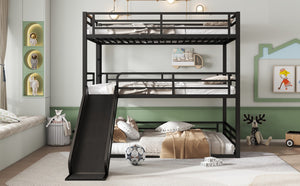 English Elm Queen Metal Triple Bunk Bed With Slide - Space-Saving, Heavy-Duty Design, Safety Guardrails In Black W1580S00172-GIGA
