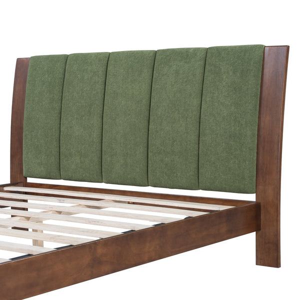 English Elm Christopher Knight Home® - Premium Pine Wood Queen Bed Frame - Mid-Century Modern Design With Upholstered Headboard & Green Accents N770P345991D_N770P345992D