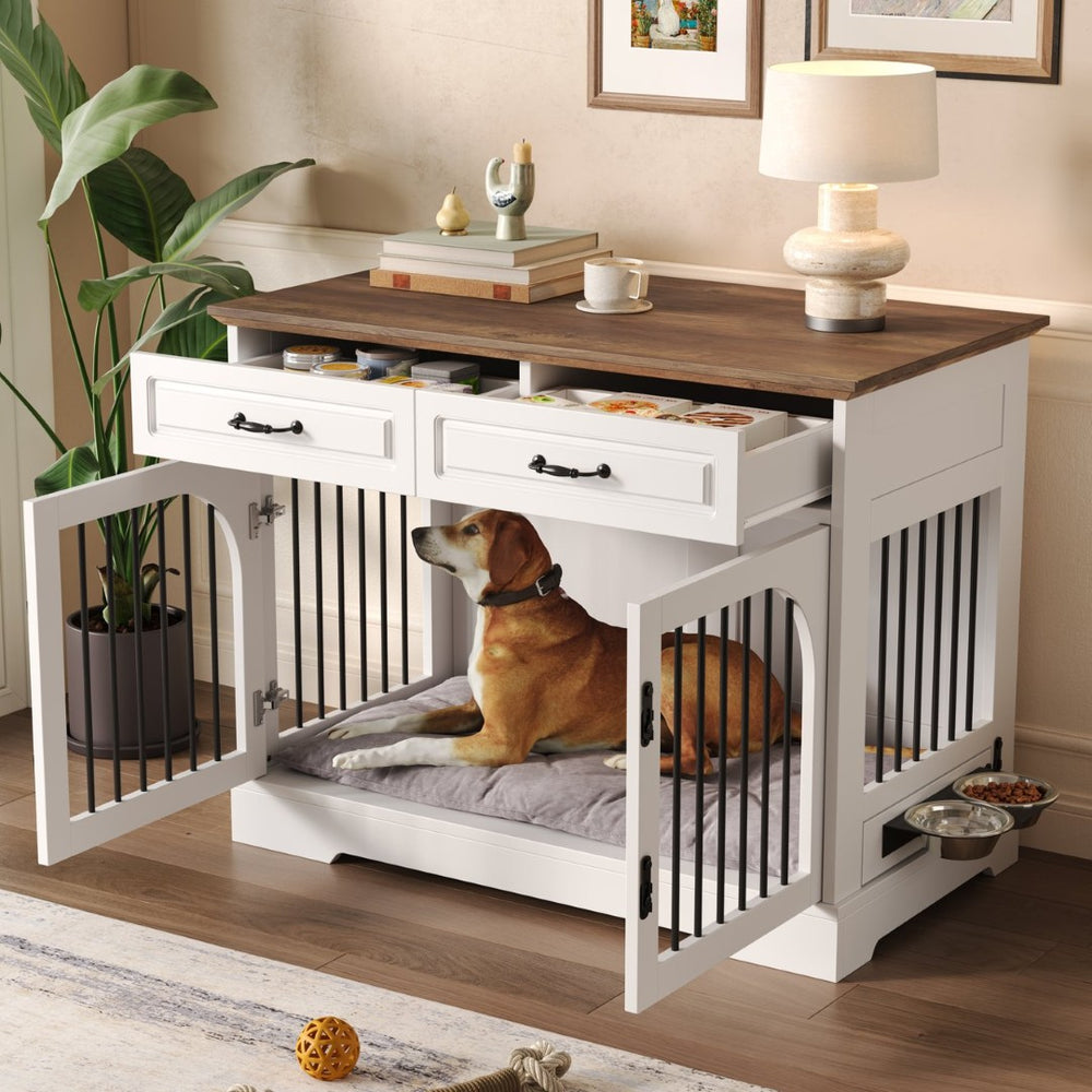 English Elm 43.3" Farmhouse Mdf Dog Crate Console with Drawers and Rotating Bowls for Large Breeds N704P414580A