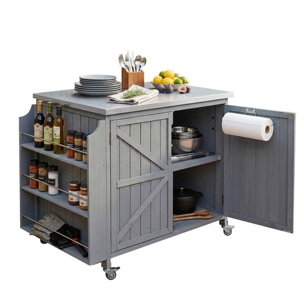 English Elm K&k Rolling Outdoor Kitchen Island Solid Fir Wood Stainless Steel Top Storage Cabinet Grey+Blue N707P370287G