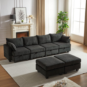 English Elm 113.5'' Modular Sectional Sofa with Storage Ottoman, Convertible U or L Shape Sleeper for 6 Seats Black W834S00250