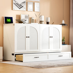 English Elm Queen Murphy Wall Bed with Usb Ports Storage Drawers and Cabinet Style Panel Front White N708S00010K-1