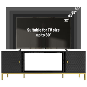 English Elm 70 Electric Fireplace TV Stand with Honeycomb Doors & Gold Legs, Sturdy MDF Console with Adjustable Shelves and Open Storage for Modern Living Room Black 75.6 L x 19.3 W x 5.5 H T3609P332395