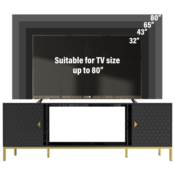 English Elm 70 Electric Fireplace TV Stand with Honeycomb Doors & Gold Legs, Sturdy MDF Console with Adjustable Shelves and Open Storage for Modern Living Room Black 75.6 L x 19.3 W x 5.5 H T3609P332395