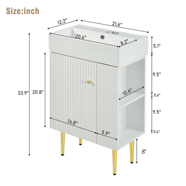 English Elm 21.6" White Bathroom Vanity with Ceramic Sink, Right Side Storage, Gold Legs, Soft-Close, Modern Elegance SV000006AAE