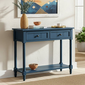 English Elm TREXM Daisy Series Console Table with Two Drawers and Bottom Shelf Vintage-Inspired Pine Accent Piece Dark Navy N715P364059M
