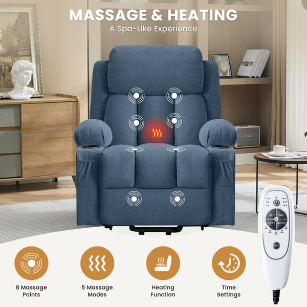 English Elm Swivel Rocker Recliner with Massage Heat and Usb Port for Living Room Comfort Blue W1521P425520