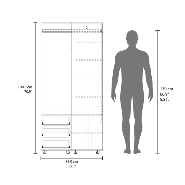 English Elm FM Compact Wardrobe with Hanging Rod, Smooth Drawers and Open Shelves for Organized Bedrooms White 59.45 L x 22.05 W x 5.51 H B128S00184