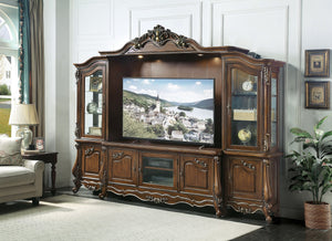 English Elm Latisha Antique Oak Entertainment Center with Tempered Glass Doors, Floral Trim, Touch Light, 68" TV Ready B2726S00357