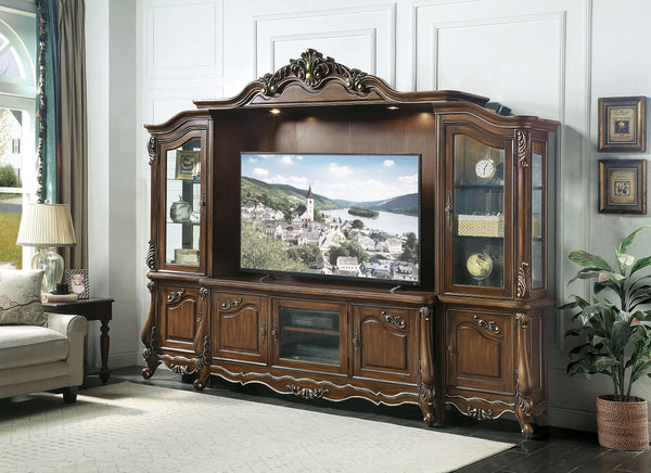 English Elm Latisha Antique Oak Entertainment Center with Tempered Glass Doors, Floral Trim, Touch Light, 68" TV Ready B2726S00357