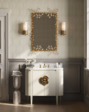 Currey & Company Briallen 36" Vanity With Elegant Carrara Marble Top And Polished Nickel Brass Flower Pull Storage Solutions Ivory White Oak Solids & Veneers ,Carrara Marble ,Vitreous China ,Brass 3800-0016-currey-company
