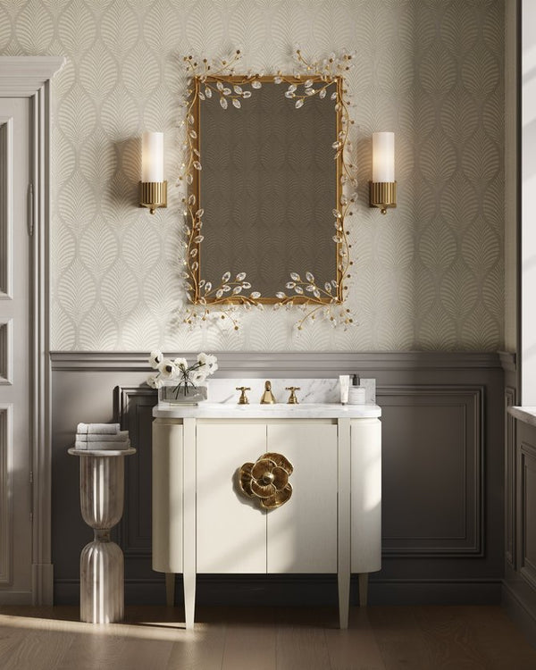 Currey & Company Briallen 36" Vanity With Elegant Carrara Marble Top And Polished Nickel Brass Flower Pull Storage Solutions Ivory White Oak Solids & Veneers ,Carrara Marble ,Vitreous China ,Brass 3800-0016-currey-company