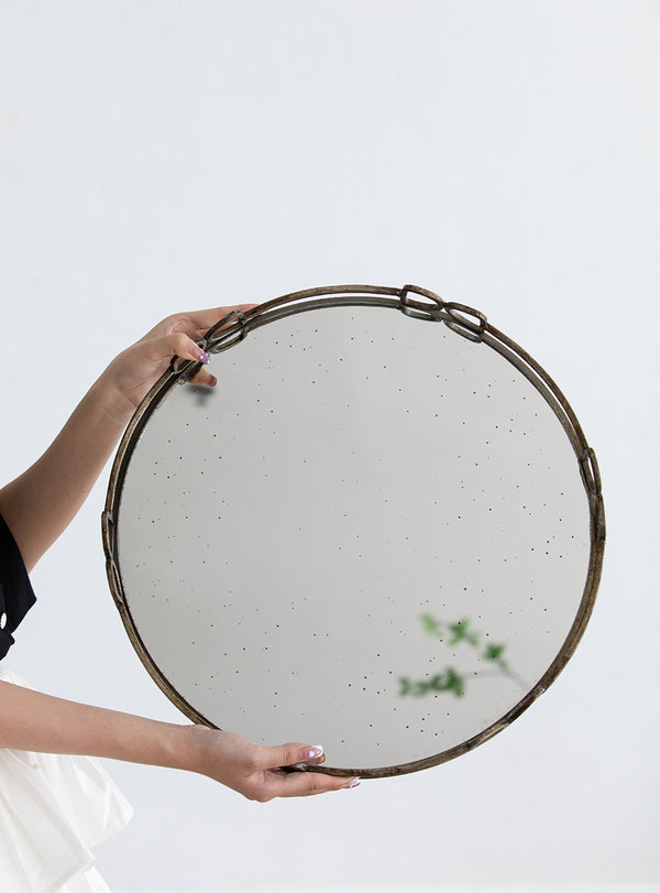 English Elm D18x2" Valentina Silver Round Mirror Tray with Distressed Openwork Frame, Speckled Glass Surface for Vanity Decor W2078P391069