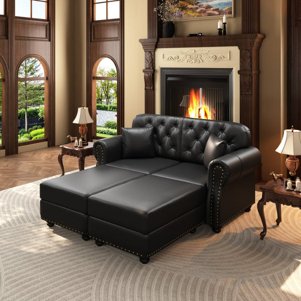 English Elm 63"upholstered Faux Leather Loveseat Mid-century Chesterfield Tufted Nailhead Sofa Set Black W1885S00426