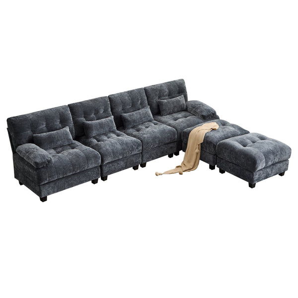 English Elm 119" 4-Seater Sofa with 2 Ottomans - Adjustable 4-Position Backrests, 350lb/Seat, Plush Chenille Blue W2606S00038