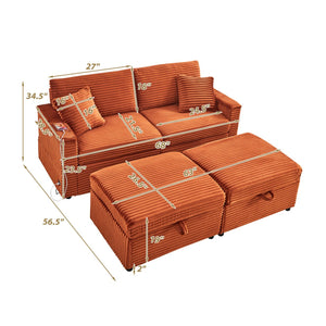 English Elm Comfortable Plush Corduroy Sofa with Hidden Storage Ottoman, USB Charging and Lift-Up Tabletop Orange W3705S00008