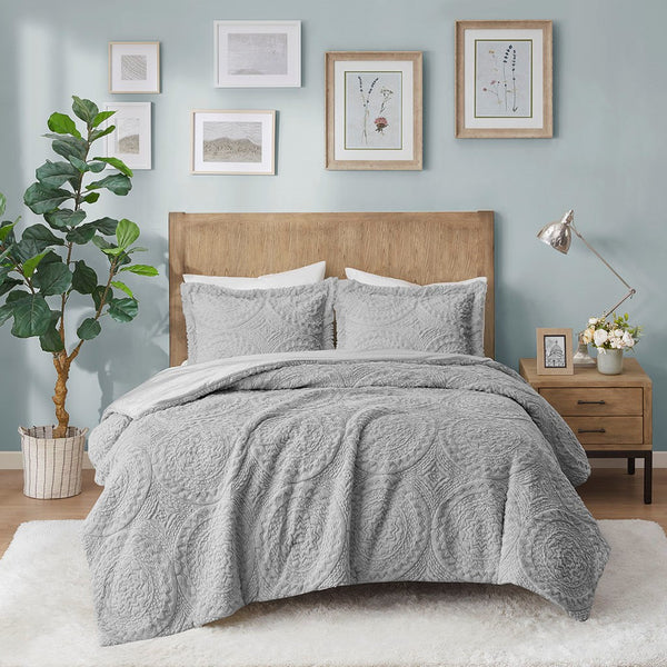 English Elm Twin Arya Embroidered Medallion Faux Fur Ultra Plush Comforter Mini Set in Grey — Cozy, Machine Washable Luxury B03597084