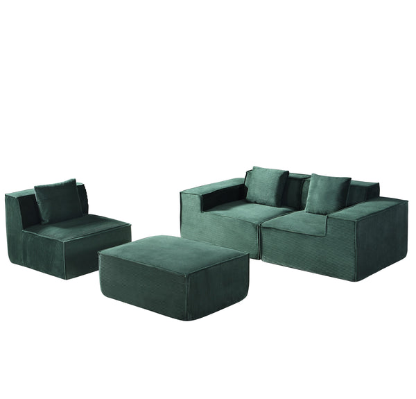 English Elm CozyForm Corduroy Convertible Sectional Sofa with Ottoman and Pillows, Modular L‑Shape Sleeper Comfort Dark Green B2735S00032