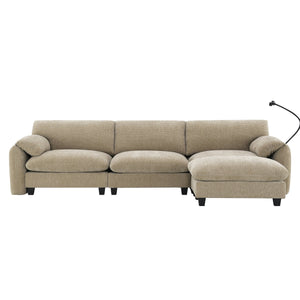 English Elm 108" Modular Sectional Sofa with USB & Type-C Chargers, Phone Cradle, Side Pockets, Movable Ottoman Light Khaki+Beige N723S7039D