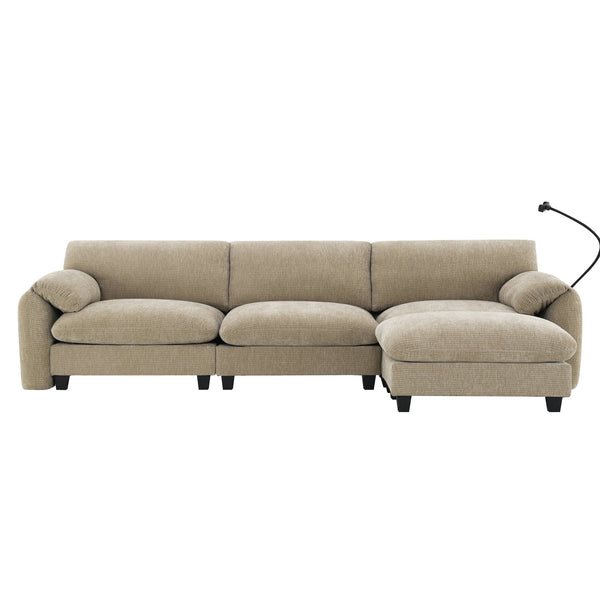 English Elm 108" Modular Sectional Sofa with USB & Type-C Chargers, Phone Cradle, Side Pockets, Movable Ottoman Light Khaki+Beige N723S7039D