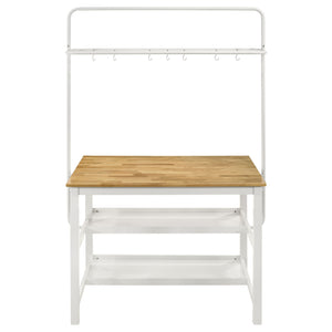 English Elm Prager Farmhouse 3-Piece Kitchen Island with Overhead Rack, Hooks & Shelves, Two Backless Stools, White B062S00619