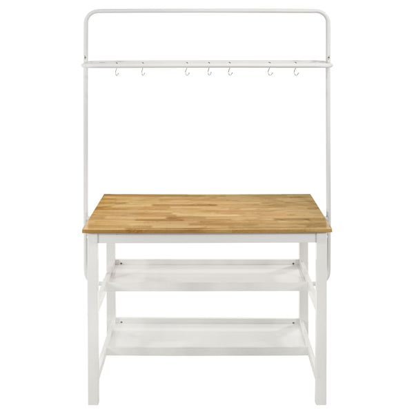English Elm Prager Farmhouse 3-Piece Kitchen Island with Overhead Rack, Hooks & Shelves, Two Backless Stools, White B062S00619