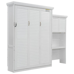 English Elm Queen Size Murphy Bed With Stylish Louvered Design, Multi-Storage Shelves, And Elegant White Finish N7090004018K-GIGA