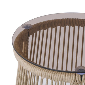 English Elm Christopher Knight Home® - MOONSTONE Light Brown Side Table with Handwoven Rope, Tempered Glass Top, Iron Frame, Modern Outdoor N775P251642B