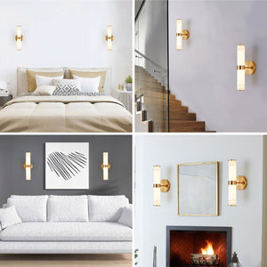 English Elm Golden Resin Wall Sconce Set of 2 - Marble-Effect Gold Accent Vertical Indoor Lights for Hallway W2312P374969