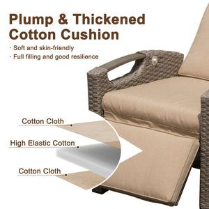 English Elm Outdoor Recliner Chair with Hand‑Woven Resin Wicker, Built‑In Flip Table, Thick Cushions, 150° Recline Beige W1859P196426