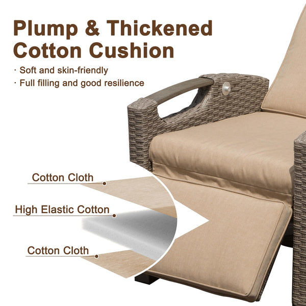 English Elm Outdoor Recliner Chair with Hand‑Woven Resin Wicker, Built‑In Flip Table, Thick Cushions, 150° Recline Beige W1859P196426