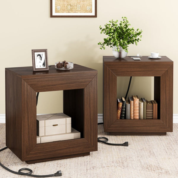 English Elm Rustic Wood End Table With Led Lighting & Integrated Power Hub - Stylish 2-Tier Storage Solution W1550P330032-GIGA