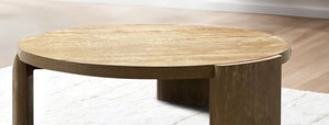 English Elm Modern Round Coffee Table 42" DIA x 15" H Oak Finish Plinth Base Rubberwood Modern Living Accent B2741P360632