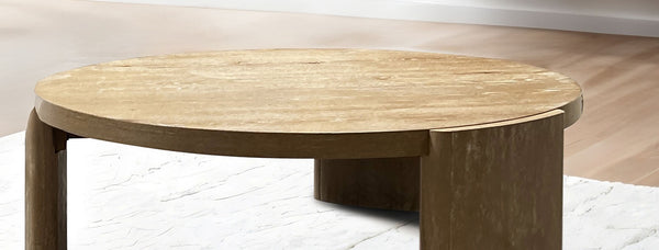 English Elm Modern Round Coffee Table 42" DIA x 15" H Oak Finish Plinth Base Rubberwood Modern Living Accent B2741P360632