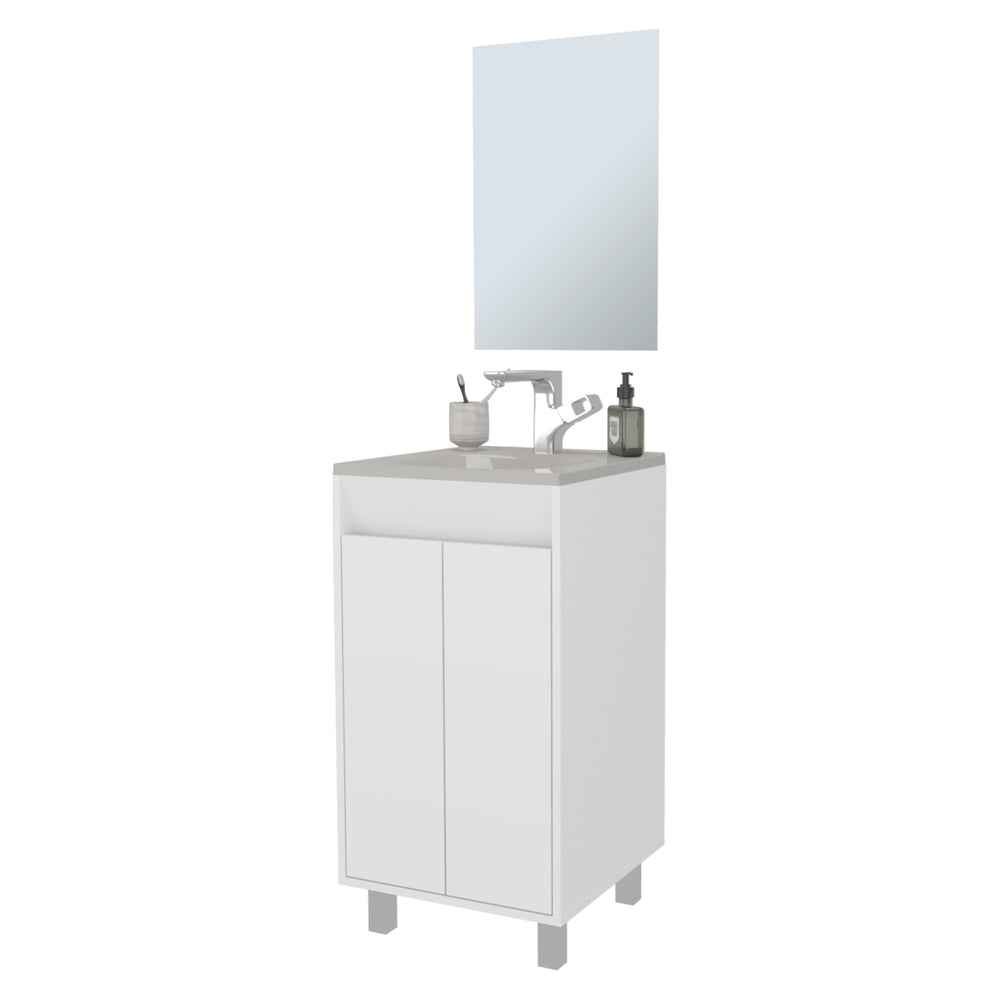 English Elm White Bathroom Cabinet with Integrated Sink, Metal Legs and 2-Door Storage for Bright Modern Baths B062P355529