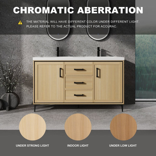 English Elm 60" Freestanding Bathroom Vanity With Double Sink, Soft-Close Doors & Drawers In Original Oak Finish P2 W1972P315237-GIGA