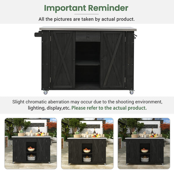English Elm Outdoor Kitchen Island Solid Fir Wood with Foldable Stainless Top, Ample Storage, Wheels, Opener Black N719P246553B