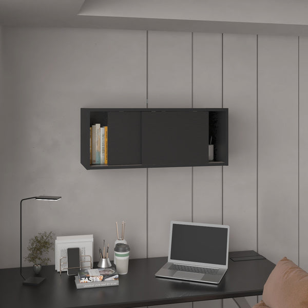 English Elm Note modern 32" W x 13" H wall cabinet with sliding doors for organized storage in home and office spaces Black 33.9 L x 14.2 W x 3.6 H B070P238868