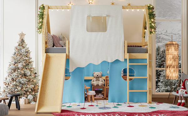 English Elm Twin Pine Loft Bed with House Frame Tent Led Lights Slide and Floor Space Below W1580S00290