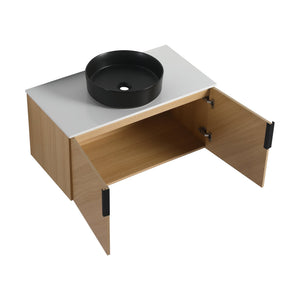 English Elm 36" Bathroom Vanity With Ceramic Vessel Sink & White Stone Top - Modern Wall-Mounted Design, Soft-Close Doors W999S00449