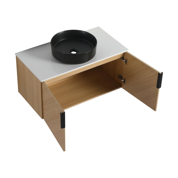 English Elm 36" Bathroom Vanity With Ceramic Vessel Sink & White Stone Top - Modern Wall-Mounted Design, Soft-Close Doors W999S00449
